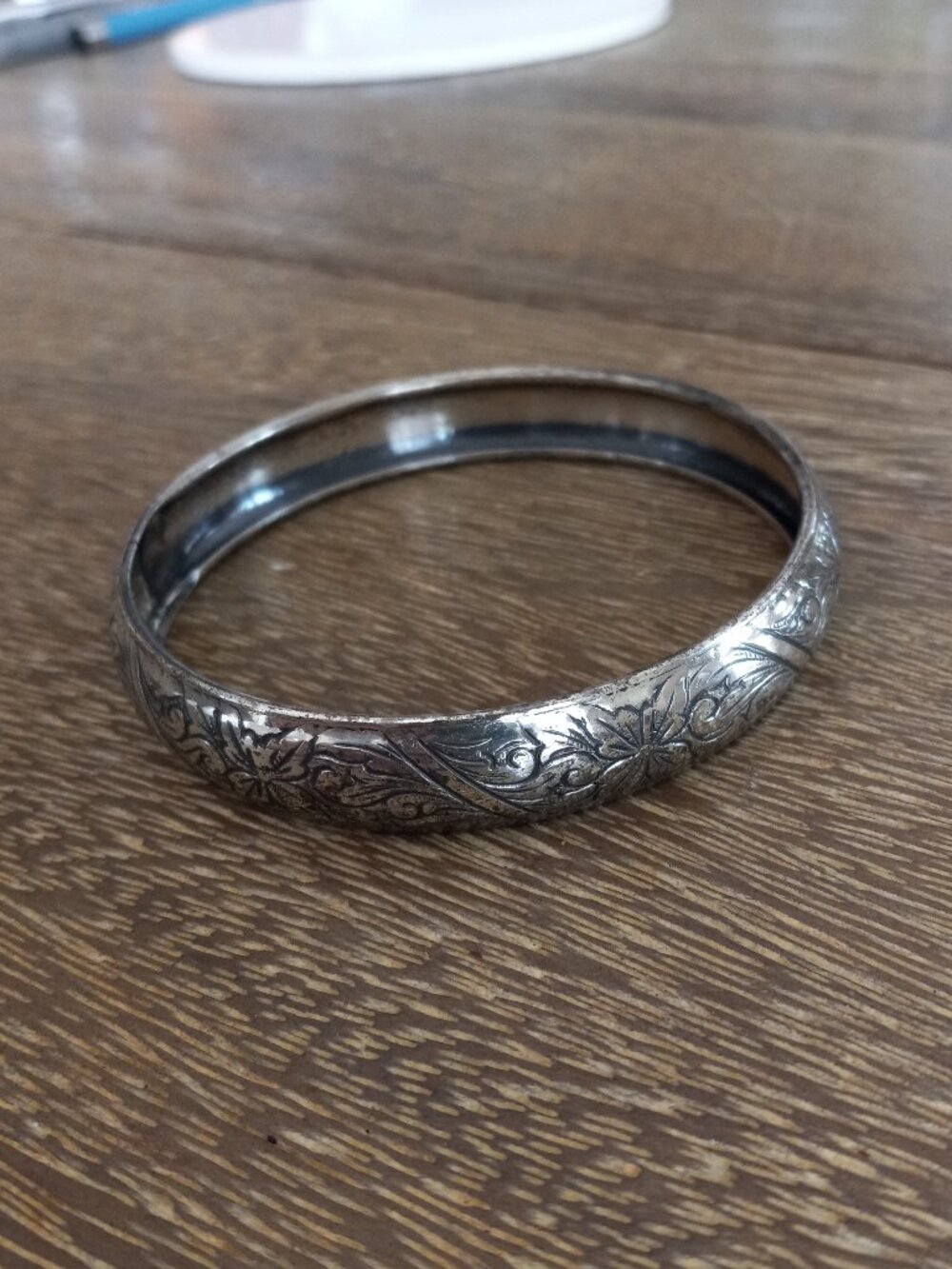 Vintage BEAU Sterling .925 Silver Floral Engraved Bangle Bracelet 8" SIGNED
